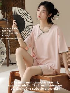 MiiOW | Bộ đồ ngủ lụa cotton mùa hè cho nữ MiiOW Cat Person Áo choàng tắm ngắn tay quần ngắn mặc ở nhà bằng lụa băng