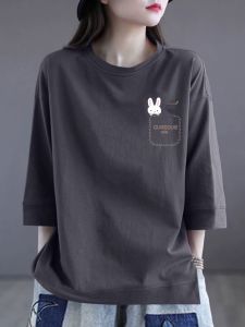 Fashionable Slimming Printed T-Shirt Womens 100% Cotton Three-Quarter Sleeve round Neck Spring Summer Casual Top