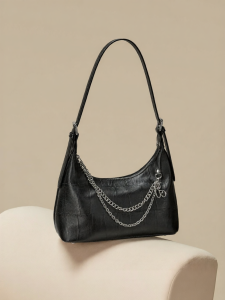 Josiny | Black Waterproof Leather Underarm Bag with Metal Chain Decor