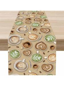 1 Piece Coffee Theme Table Runner Farmhouse Retro Brown Coffee Cup Tea Party Country Coffee Table Center Decoration Holiday Party Indoor and Outdoor Desktop Decoration