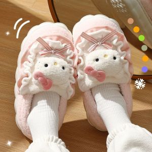 Dép Cotton Hellokitty Chống Trượt Mùa Đông Cho Nữ Đi Ngoài Trời Dép Cotton Ba Mảnh Kawaii Có Gót Và Đầu Dép Cotton Phong Cách Nhật Bản