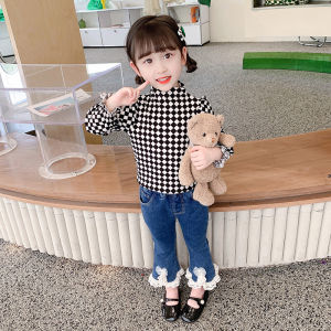 Girls Plaid Long Sleeve T-Shirt Half High Collar Base Shirt Inner Wear Children Spring Autumn Fashion Baby Cotton Checkered Top