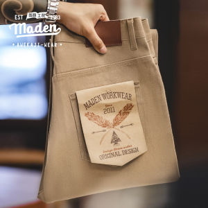 MADEN brand Workwear Style Men Youth Mature Party 2025 Autumn New American Vintage Khaki Original Jeans Red Ear Amekaki Denim Mens Dad Straight Leg Pants