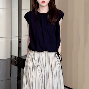 Chiffon Blouses for Women Summer Accessible Luxury Fancy Loose Drawstring Short Sleeve Pure Color All-Matching Leisure Anti-Aging Temperament Shirt