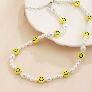 Funny Pearl Smiling Face Necklace Bracelet for Women Men Vitality Colorful Smile Beaded Choker Accessories Fashion Jewelry Sets