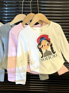 Long Sleeve round Neck Striped T-Shirt Childrens Fashionable Autumn Spring Base Layer Polo Shirt Korean Style Girls Clothing