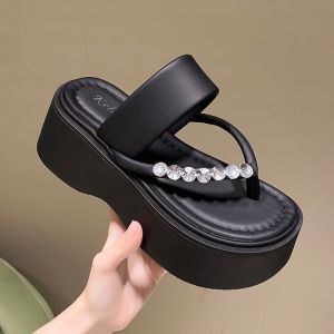 Rhinestone Toe Clip 5cm High Soft Thick Sole Black White Slippers for Womens Outdoor Wear Summer Home and Outdoor Slippers