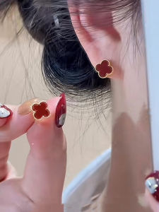 Luxury Red Four-Leaf Clover Earrings S925 Sterling Silver Studs