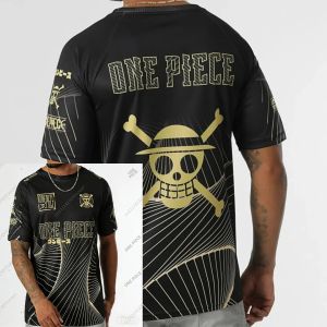 BANDAI | One Piece Skull Đen Vàng Áo Thun Nam Dạo Phố Bông Tai Kẹp Thường Thoáng Khí Tay Ngắn Thể Thao Tee Anime Mũ Rơm Cướp Biển