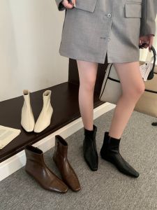 Rough Heel Square Toe White Slender Short Ankle Boots for Autumn Winter