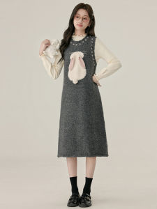 Autumn Winter Knitted Mini Dress Korean Style Small Fragrance Style Vest Dress Soft Polyester Fabric A-Line Skirt Long Sleeve