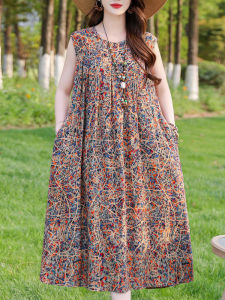 New plus Size Cotton Silk Dress Womens Summer Fashion Loose Long Skirt mid Waist Print Korean Style H-Shape round Neck Dress