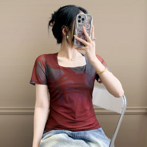 Rehin Áo thun nữ ôm sát ngắn tay lưới cổ vuông phong cách Châu Âu Gradient MÙA HÈ (S-3XL)