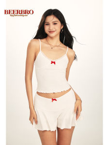 BeerBro American Retro Spicy Girl Style High Waist Slim Fit T-Shirt Womens High Waist Mini Skirt with Bow Tie Three Piece Set