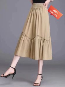 Elastic Waist Pleated Mid-Length Summer Skirt
