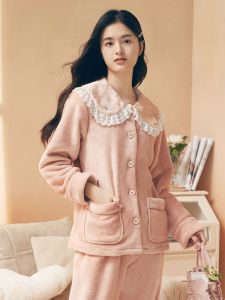 LUNILAI | Furoni Winter Thickened Snowflake Fleece Womens Sleepwear Set Home Clothes Outerwear Casual Long Sleeve High Collar Two-Piece