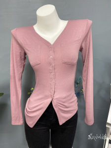 เสื้อยืดแขนยาวเซ็กซี่ไม่สมมาตร กระดุมกระเป๋า โชว์เอวเล็ก ดีไซน์เก๋ไก๋ สำหรับผู้หญิง ฤดูใบไม้ร่วง 2021 เสื้อชั้นใน