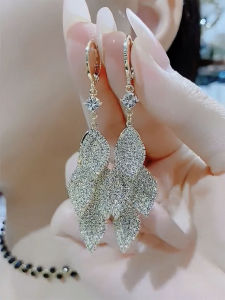 Elegant Long Leaf Tassel Earrings Full of Diamonds Slimming Face Shape Versatile Clip on Korean Style Fashion Jewelry Accessories