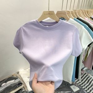 เสื้อยืดคอกลมแขนสั้นผ้าฝ้ายสีขาว เสื้อเชิ้ตทรงเข้ารูปสำหรับผู้หญิง ฤดูร้อน 2023 เสื้อเชิ้ตคอตตอนแท้ ทรงพอดีตัว ทรงพอดีตัว