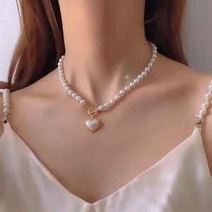 Light Luxury Pearl Love Necklace Womens Cool And Sweet Simple Versatile Necklace Imitation Pearl Love Necklace珍珠项链