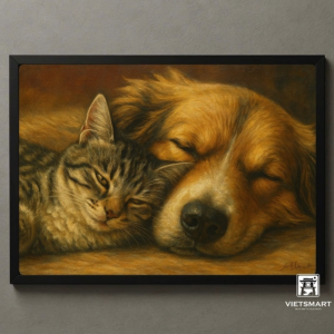 Tranh Nghệ thuật "Chó Và Mèo Đang Ngủ" VIETSMART ART - Acrylic 45 x 60cm