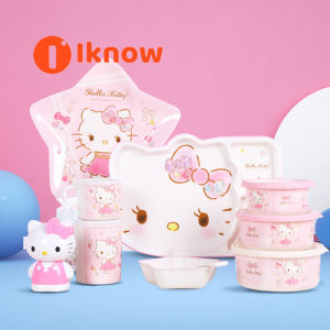 I know Pink  Cartoon Childrens Baby Tableware Set Melamine Grid Plate Bowl Water Cup