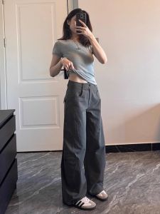 Retro Military Green Curved Blade High Waist Straight Leg Wide Leg Pants Casual Floor Length Trousers for Women Spring Autumn New Style