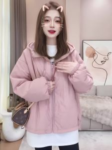 Korean Style Hooded Cotton Jacket Womens Spring Loose Casual Versatile Short Zipper Fleece Lined Warm Cotton Coat