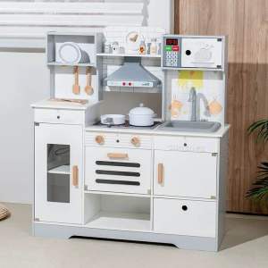 KiddieStore Gold Wooden Kitchen Pretend Playset (WATER Sounds Light) with accessories