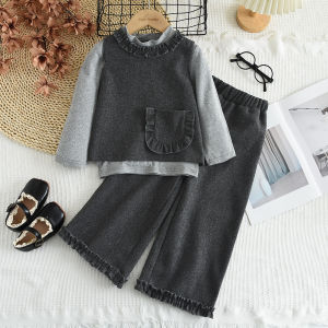 ชุดเสื้อผ้า3ชิ้นสำหรับเด็กผู้หญิง3-7ปีแขนยาวสีเกาหลีพื้นเสื้อยืดแขนยาวฟิตเนสเสื้อ + Rompi Kerah มีระบาย + กางเกงสีเทาชุดเสื้อผ้าสำหรับเด็ก