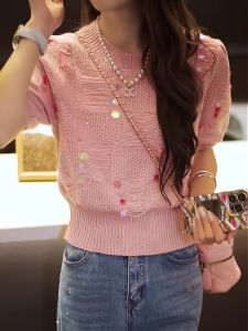 Trendy Unique Pink Knitted Short Sleeve Top