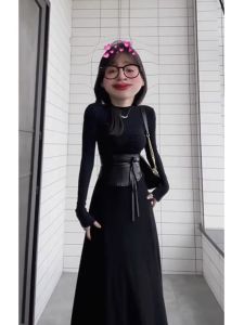 Hebe Style Womens Coat Inner Dress Slimming A-Line Skirt Long Sleeve Mid-Length Autumn Winter New Arrival Hidden Waist Design