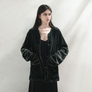 Miccbeirn | Retro Silk Velvet Jacket Glitter Edge Casual Luxury Light Weight Cardigan Slimming Leisure Top Round Neck Long Sleeve Button Closure