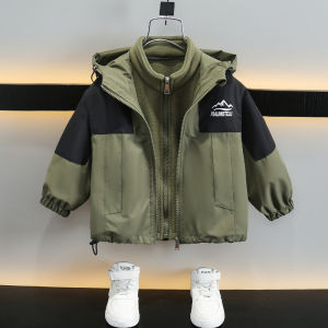 Boys Fleece Lined Three-in-One Thickened Autumn Winter Jacket for Children Casual Style Windproof Waterproof Polyester Fabric