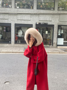 Bride Red Double-sided Cashmere coat Women Wedding New Year Autumn and Winter Fox Fur Big Fur Collar Woolen Cape coat