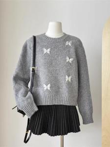 Womens Knitted Short Sweater with Bow Knot Autumn Winter Soft Cozy Overhead Top French Style Small Size High End Feeling