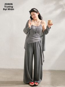 ZHANGDAREN | Bộ Quần Dài Ống Rộng và Áo Camisole Sọc Xám Size Lớn cho Văn Phòng/Casual