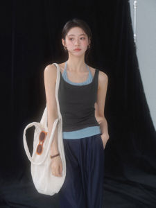 Color Contrast Pseudo Layered Slim Fit T-Shirt Square Neck