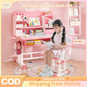 Childrens study desk Adjustable with Chair Set Liftable Writing Table Bookshelves Drawers for 3-12 Years Old
