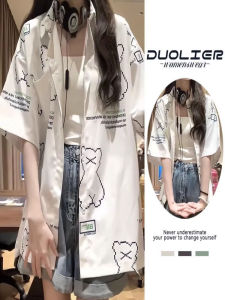 Retro American Bear Print Short Sleeve Shirt Women Summer New Lazy Style Top Small Size Trendy Polyester Casual Loose Fit