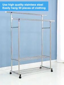 LG Rak Gantungan Baju Besi Stainlees 240CM Stand Hanger Stainlees Double Jemuran Pakaian Dengan Roda