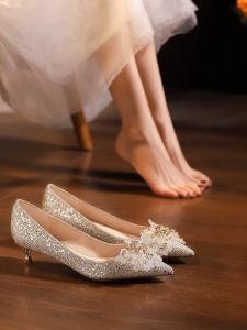 ส้นเตี้ย เรียบหรู รองเท้าแต่งงานเลื่อมประดับรองเท้าคลุมท้องเจ้าสาวรองเท้าคริสตัล Shuoye รองเท้าเดี่ยวสบายสองทาง