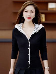 เสื้อคาร์ดิแกนถักคอปกสั้นผู้หญิง ทรงเข้ารูป แขนยาว ปกโปโล ขนแกะ ลายลูกไม้ ทรงเข้ารูป ฤดูใบไม้ผลิ 2025 ใหม่ล่าสุด