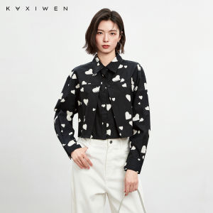 Qiaowen 100% Pure Cotton Casual Fashion Print Womens Shirt Spring 2025 Short Style Top Loose Fit Regular Sleeve Long Collar