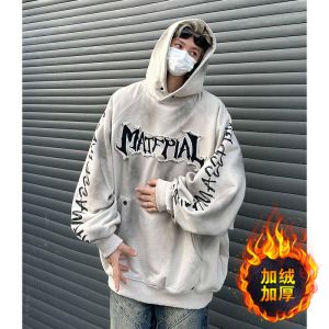 เสื้อฮู้ดลายการ์ตูนสไตล์ย้อนยุคสไตล์อเมริกันสำหรับผู้หญิง ฤดูใบไม้ร่วง/ฤดูหนาว ทรงหลวม ลำลอง คู่รัก เสื้อคลุมกันหนาว