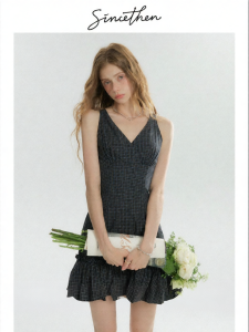 since then | French Plaid High-Waist Fitted Spaghetti Strap V-Neck Mini Dress