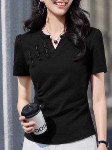 WANGGONGZHU | Princess Style Short Sleeve V-Neck T-Shirt Womens Cotton Slim Fit Elegant Top Korean Fashion Pure Color Commute Style