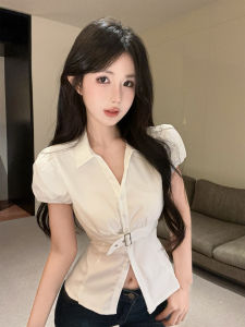 GUZILIAN | Slim Fit White Metal Buckle Short Sleeve Shirt Korean Style Fashionable Design Sense Button Slimming Top Commute Style