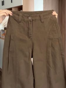 High Waist Wide Leg Jeans Womens Loose Fit Floor Length Brown Coffee Color Knife Edge Casual Straight Cut Denim Trousers