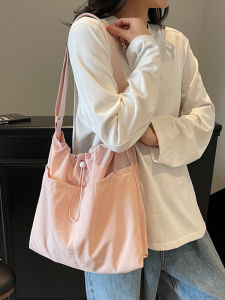 2025 New Korean Style Large Capacity Tote Bag Casual Crossbody Shoulder Bag Women Commuting Bucket Bag Pure Color Nylon Material